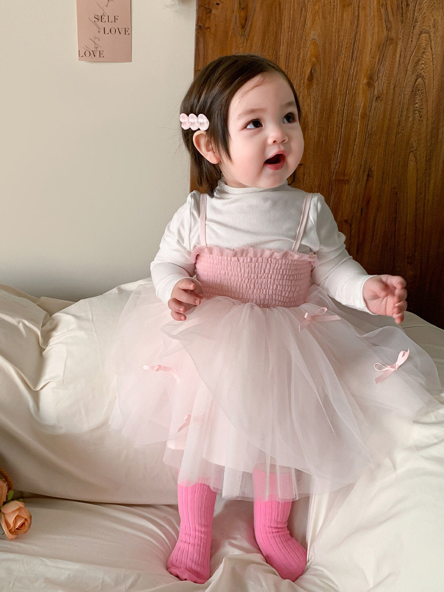 可愛爆擊粉色蝴蝶結澎裙/白色內搭