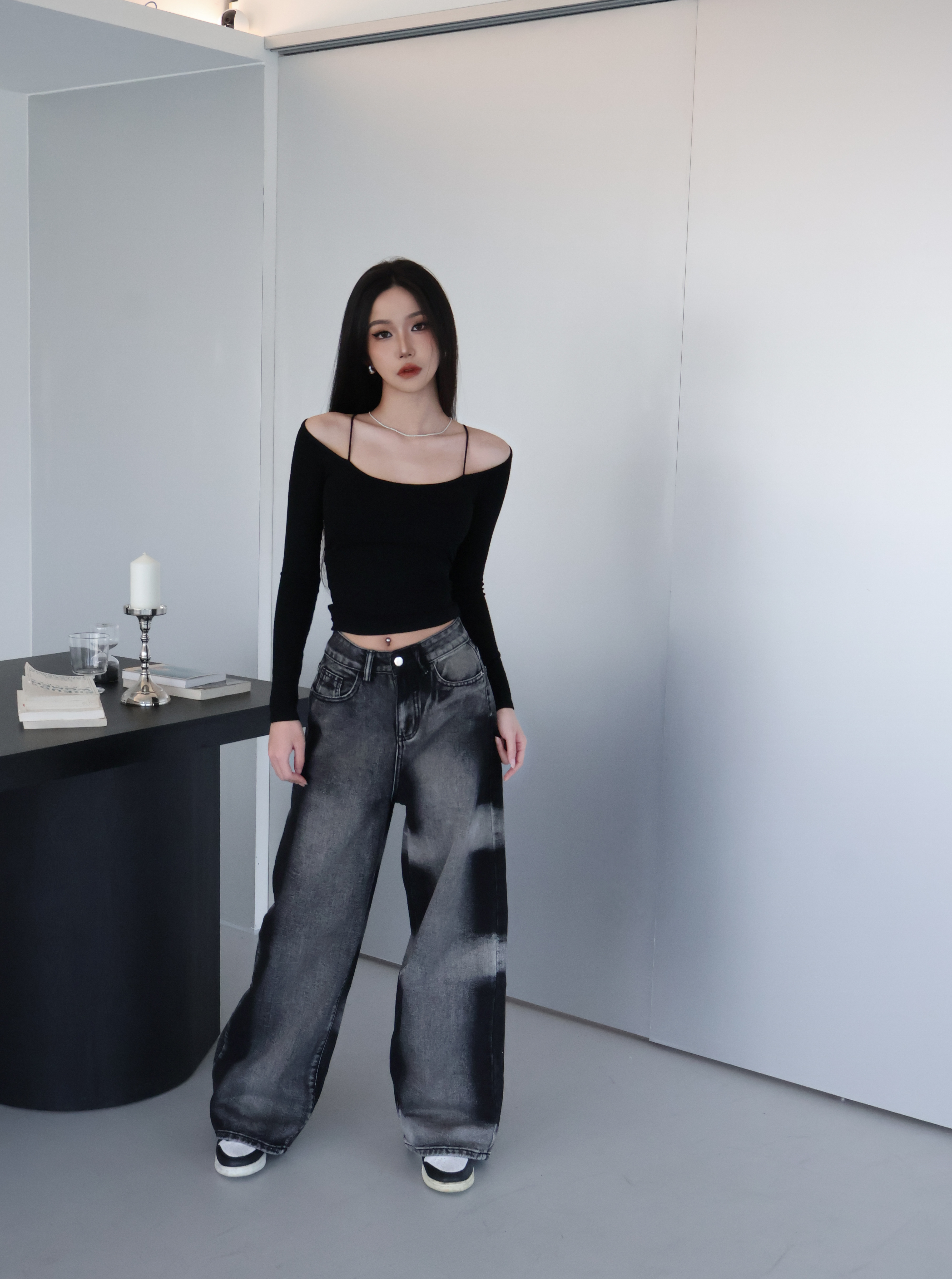 復古刷色落地褲