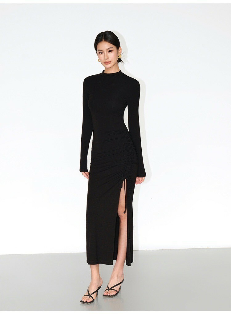 小心機側開衩造型立領包臀長洋裝S-L / 2色 (Elegant & Love)