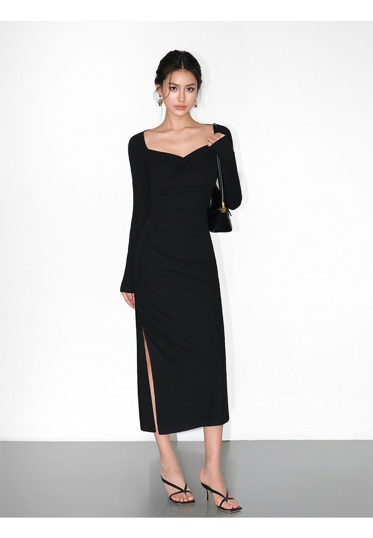 胸抓褶桃心領造型包臀長洋裝S-L / 2色 (Elegant & Love)