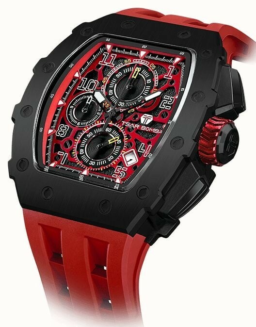 萬年鐘錶 - TSAR BOMBA 機械公爵 元素面盤黑框三眼計時紅色矽膠錶帶男錶  TB8204Q-37 錶徑 43MM