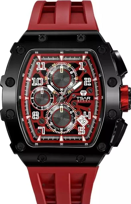 萬年鐘錶 - TSAR BOMBA 機械公爵 元素面盤黑框三眼計時紅色矽膠錶帶男錶  TB8204Q-37 錶徑 43MM