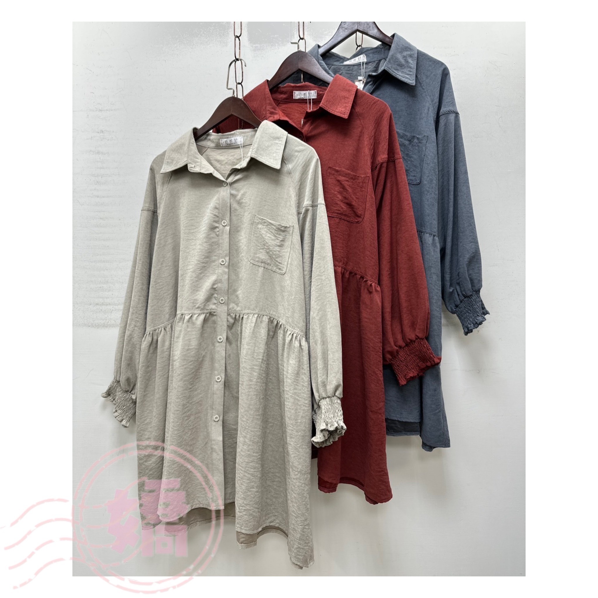 T04001皺皺荷葉袖襯衫短洋(杏'紅'灰)