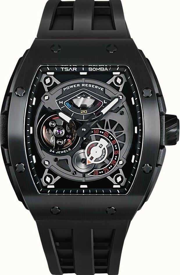 萬年鐘錶 - TSAR BOMBA 機械公爵 全黑機械動力儲存顯示氟橡膠快拆錶帶男錶  TB8210A-04  錶徑 45.5MM