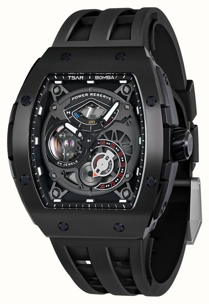萬年鐘錶 - TSAR BOMBA 機械公爵 全黑機械動力儲存顯示氟橡膠快拆錶帶男錶  TB8210A-04  錶徑 45.5MM