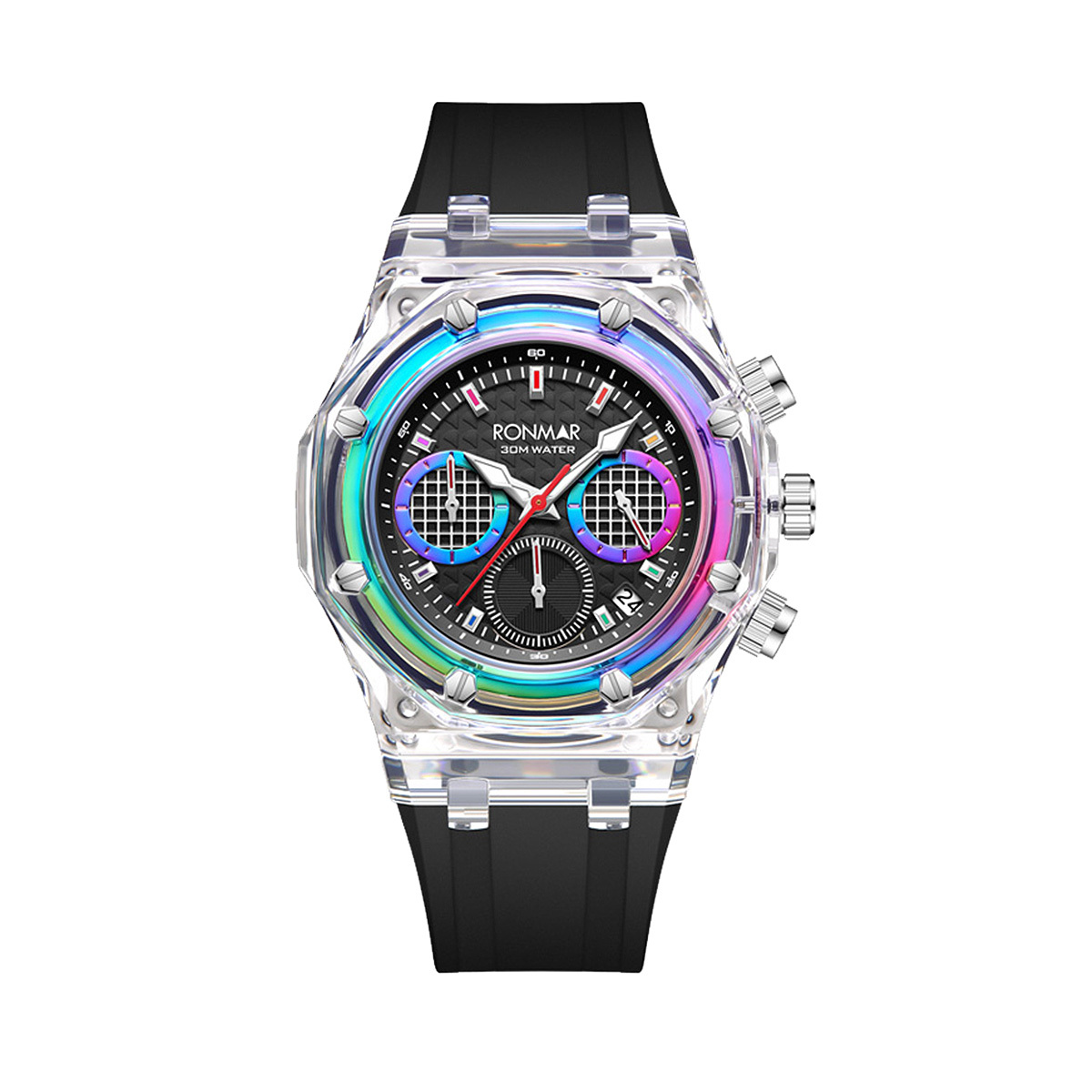 【RONMAR】RMA-006 彩冰系列 三眼-24小時/計時秒/計時分 帶日期/夜光指針/鐳雕錶蓋 高透光PMMA錶殼