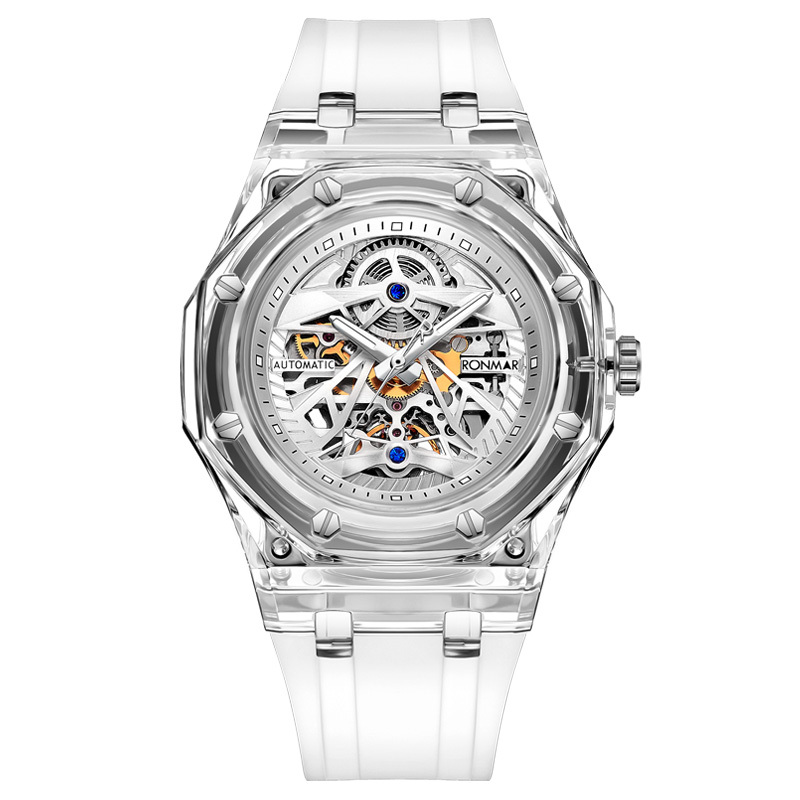 【RONMAR羅馬】冰川系列 RMT1WWW/RMT1WWB 錶盤鑲嵌2顆0.09CT天然藍寶石 高透光PMMA錶殼 雙面鏤空 夜光 機械 手錶