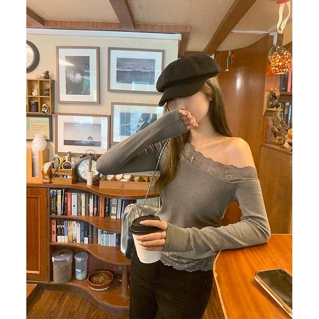 25SS短版蕾絲斜肩微性感上衣-實拍預購
