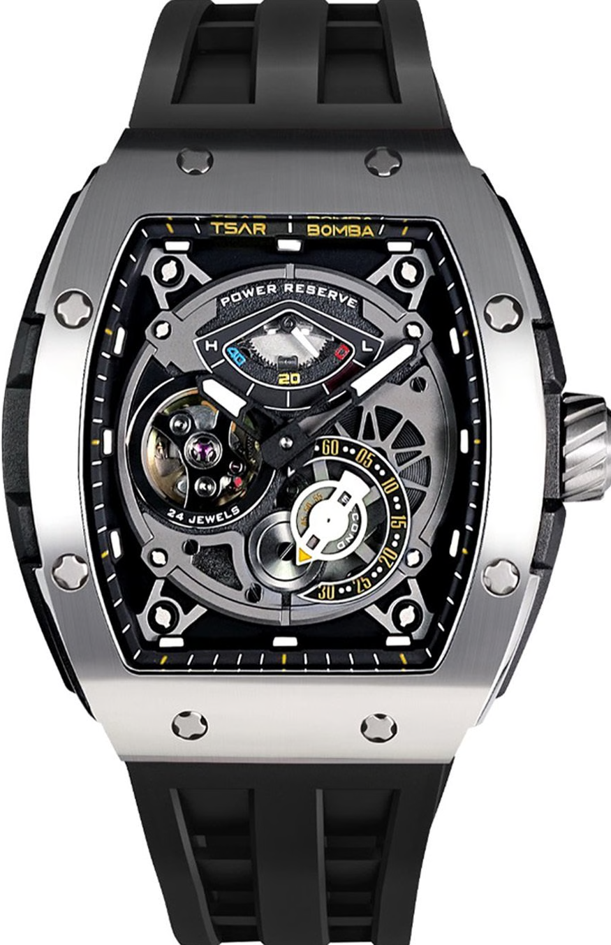 萬年鐘錶 - TSAR BOMBA 機械公爵  銀色錶框機械動力儲存顯示氟橡膠快拆錶帶男錶  TB8210A-02 錶徑 45.5MM