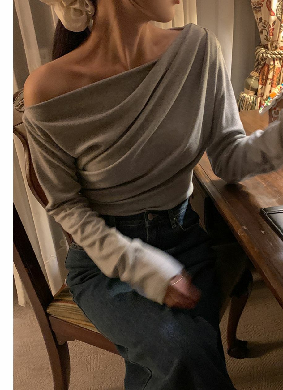 平口露肩皺摺上衣(淺灰色)