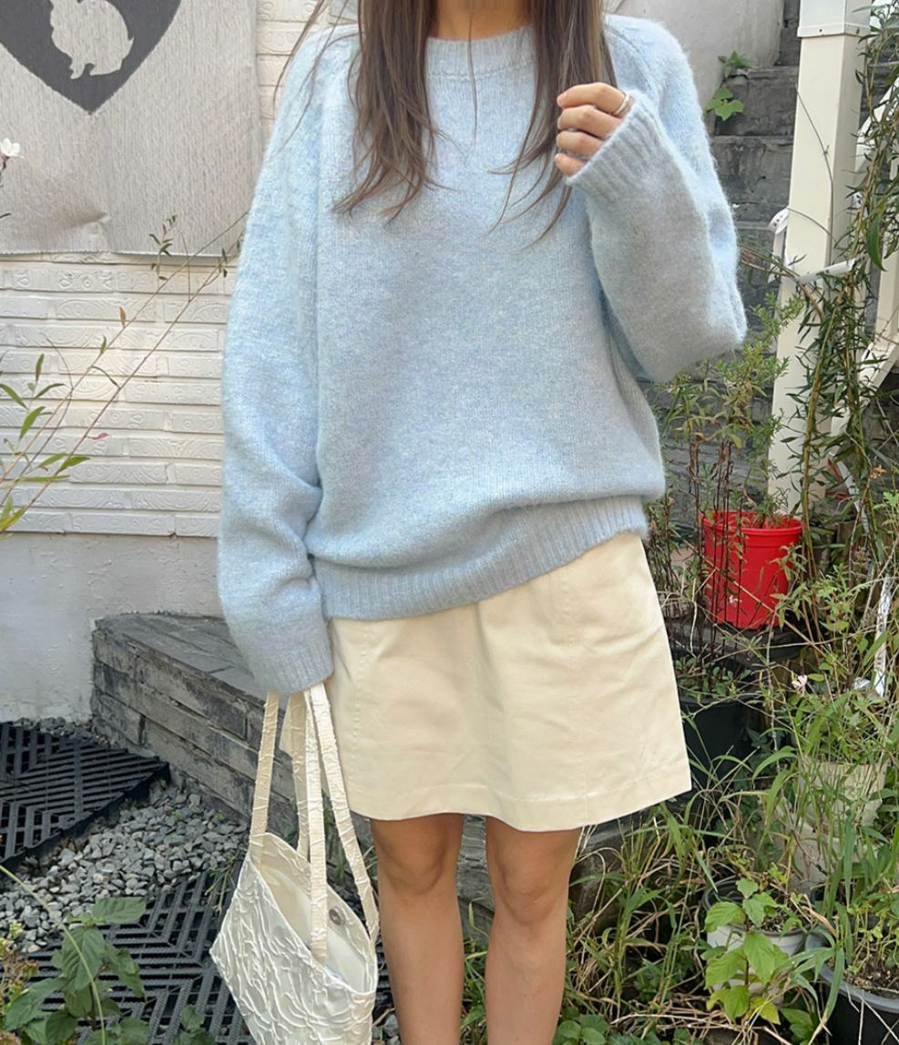 圓領寬鬆針織上衣(藍色)