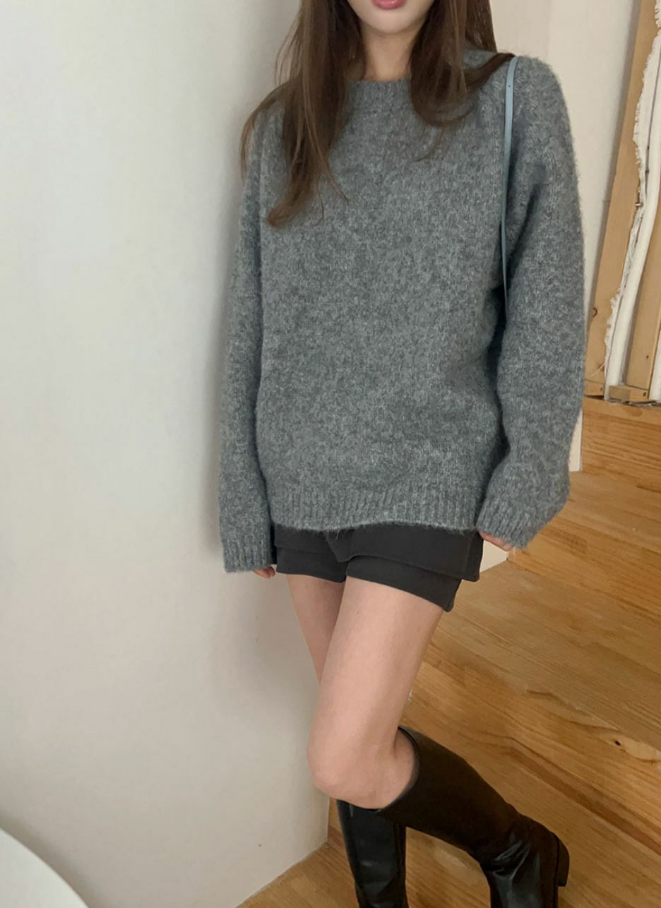 圓領寬鬆針織上衣(灰色)