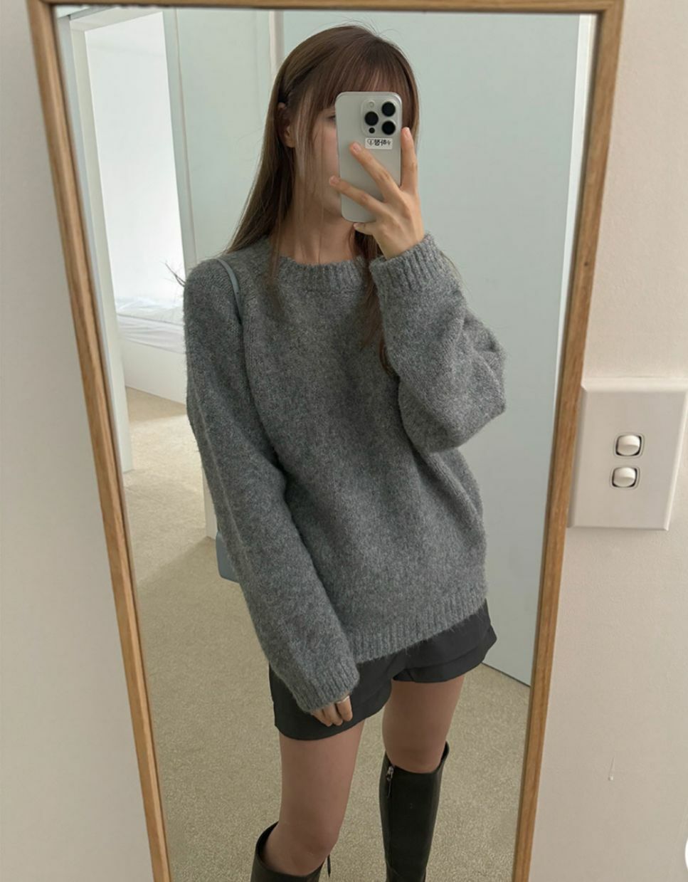 圓領寬鬆針織上衣(灰色)