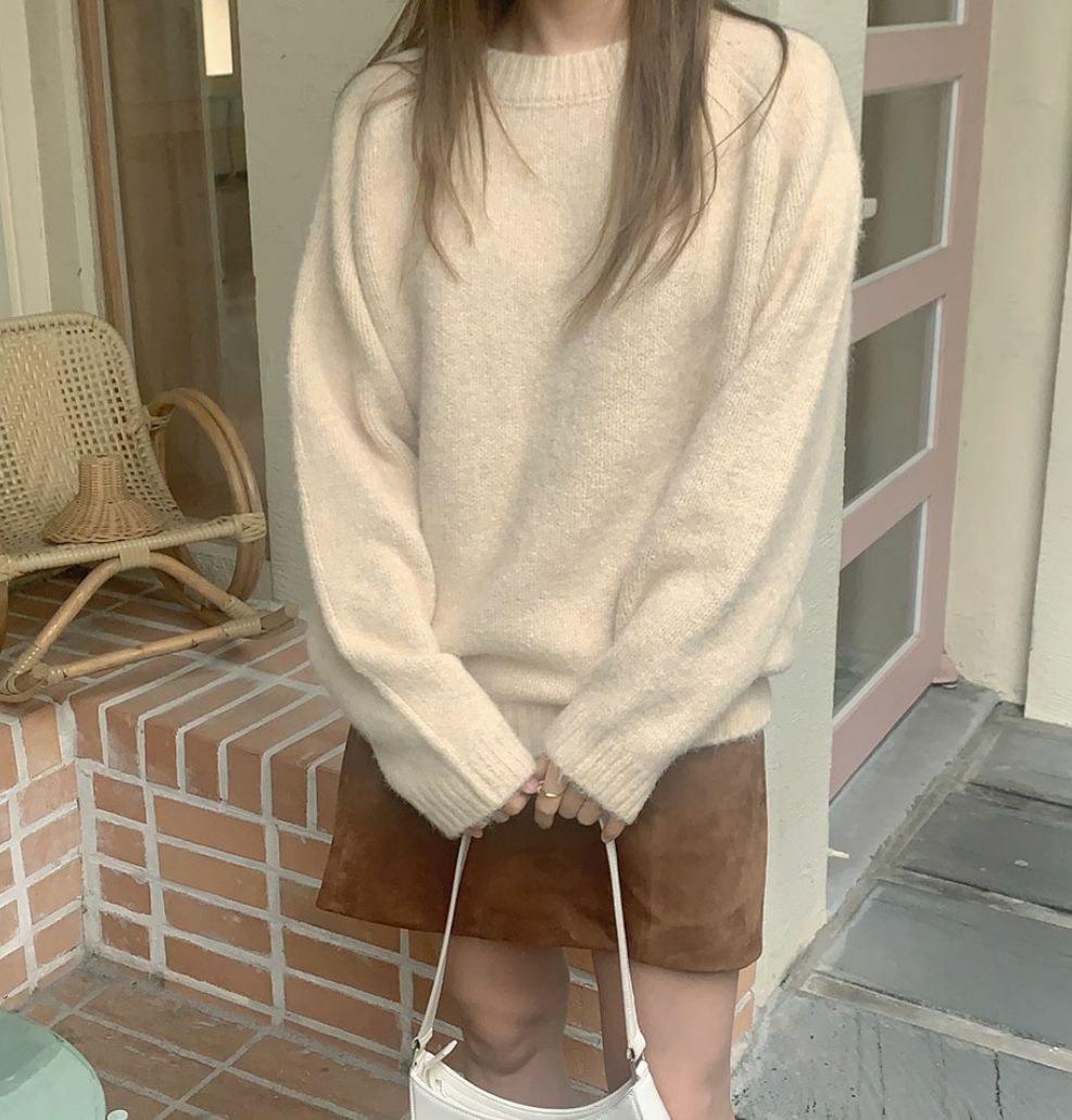 圓領寬鬆針織上衣(燕麥色)