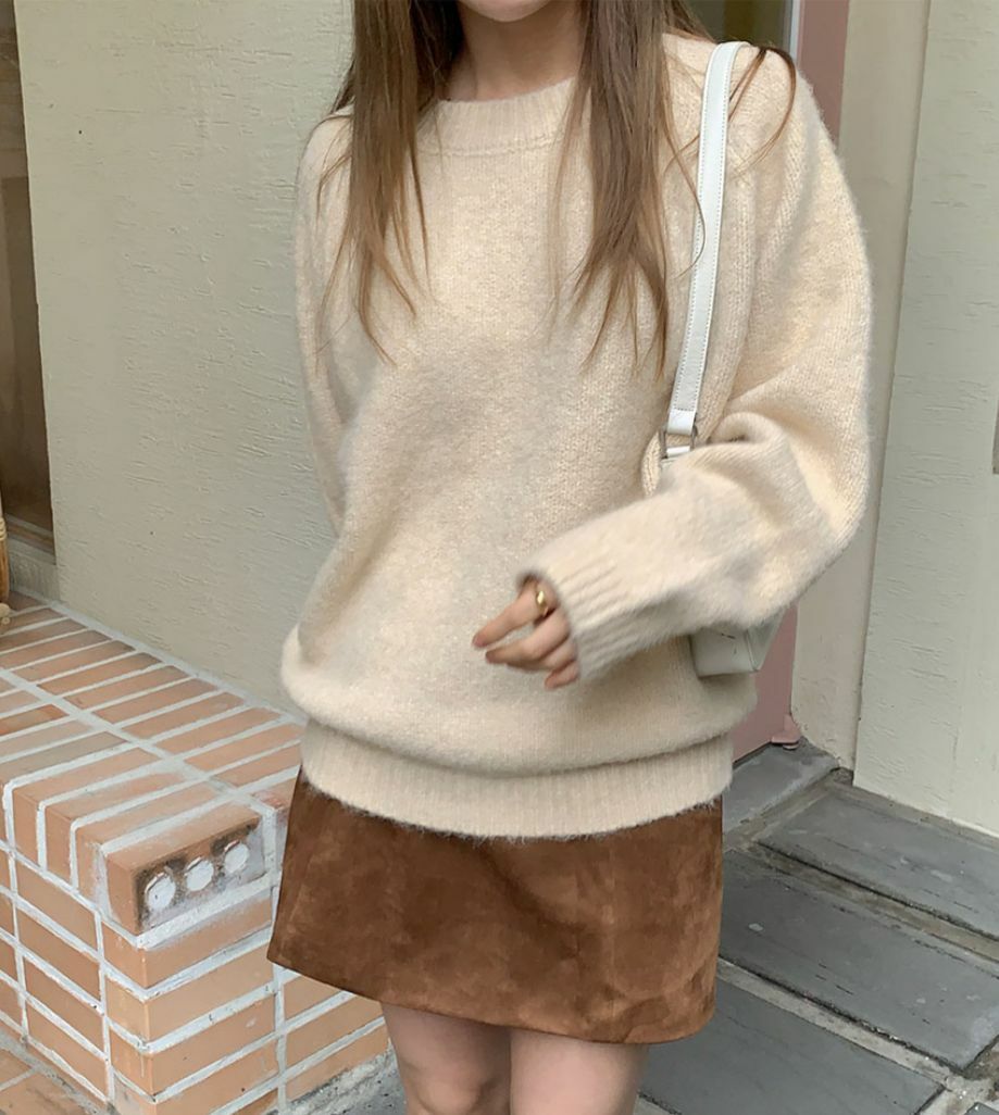 圓領寬鬆針織上衣(燕麥色)