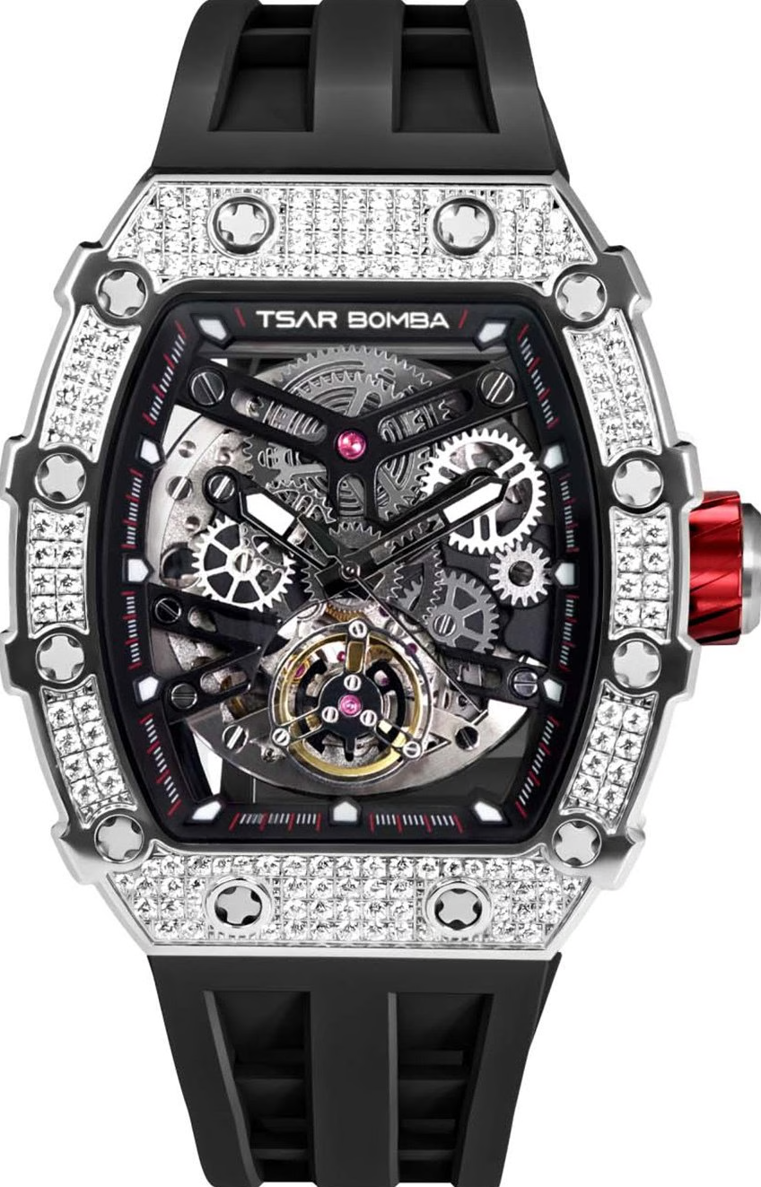 萬年鐘錶 - TSAR BOMBA 機械公爵 晶鑽外圈透視機械氟橡膠錶帶男錶  TB8208D-06 錶徑 43MM
