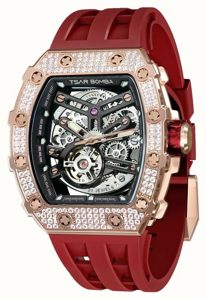 萬年鐘錶 - TSAR BOMBA 機械公爵 晶鑽外圈透視機械氟橡膠錶帶男錶  TB8208D-07 錶徑 43MM