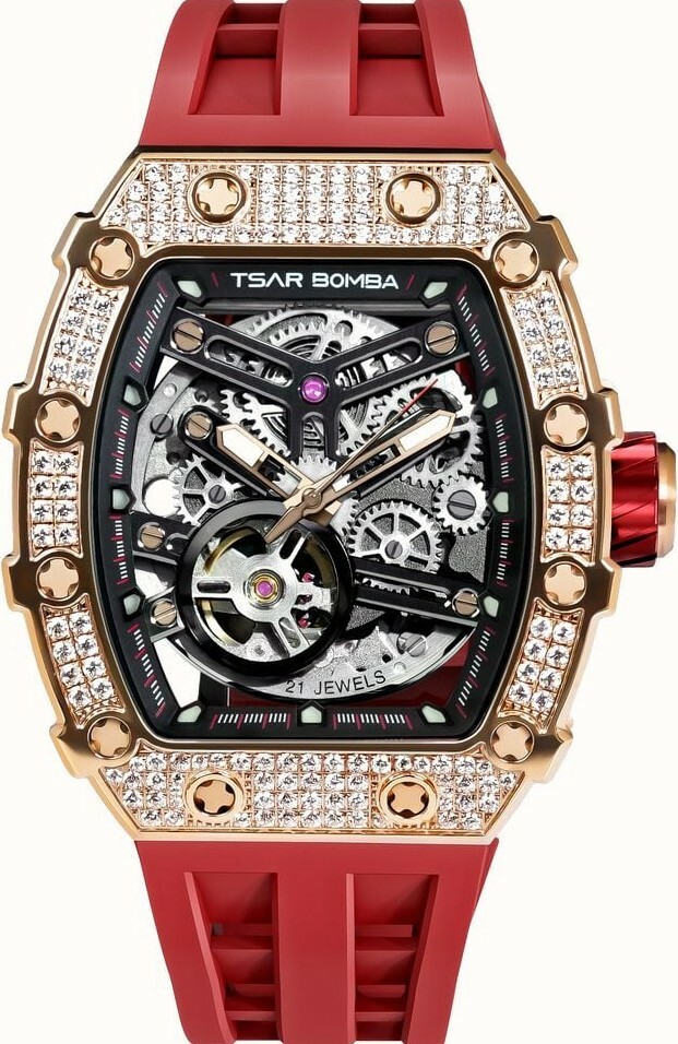 萬年鐘錶 - TSAR BOMBA 機械公爵 晶鑽外圈透視機械氟橡膠錶帶男錶  TB8208D-07 錶徑 43MM