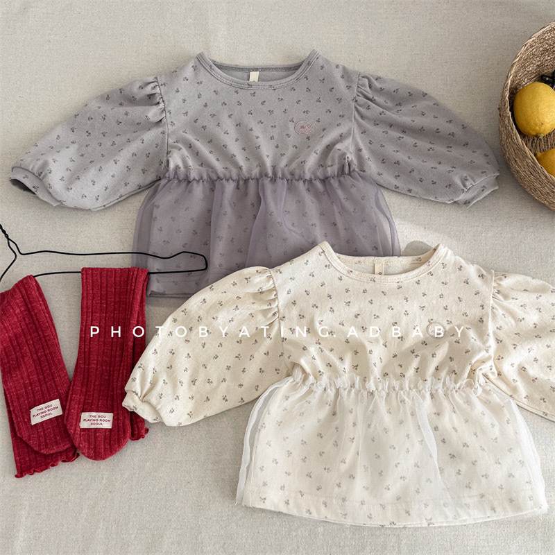 氣質碎花拼紗網上衣