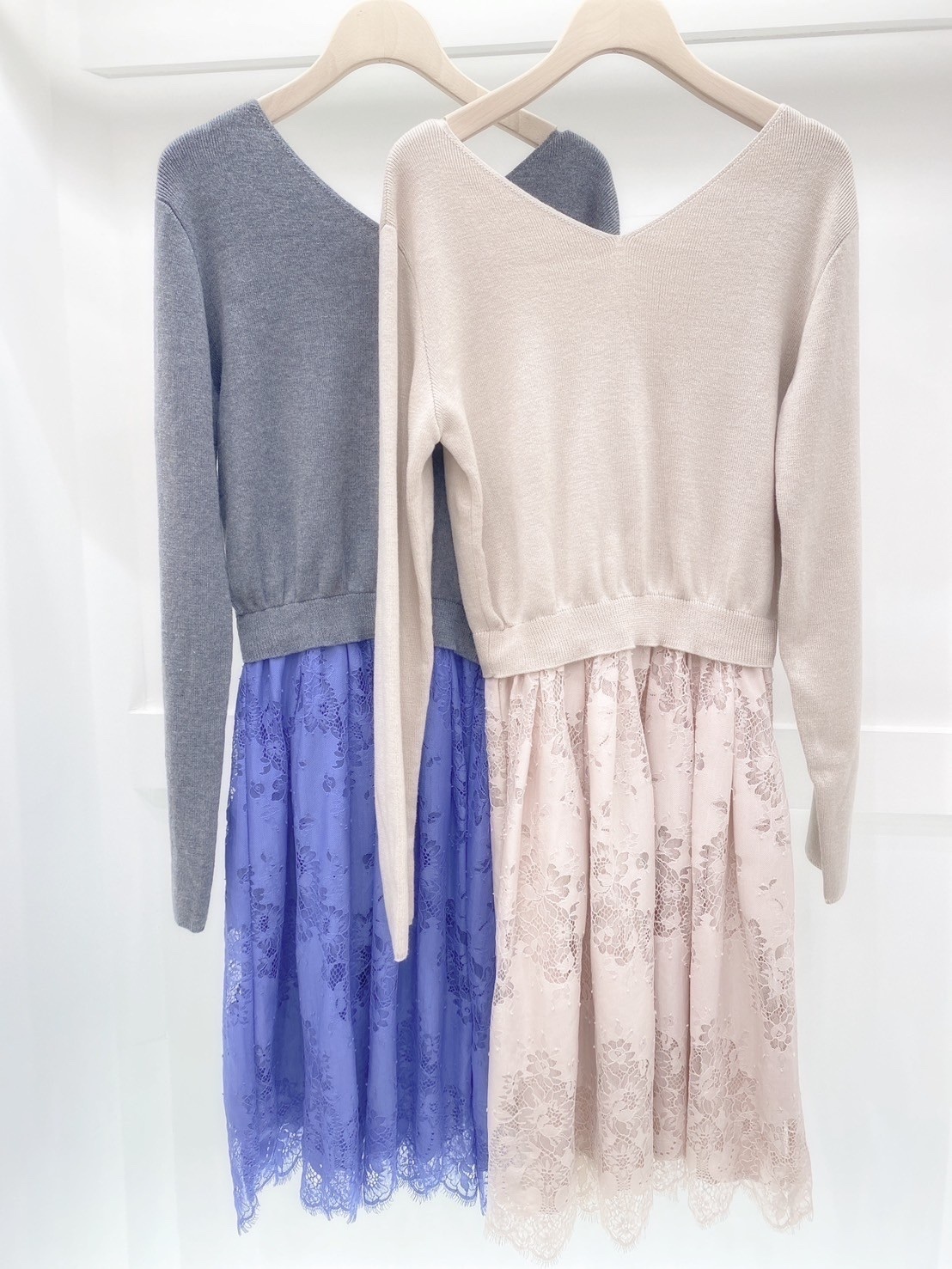 V領針織下lace裙洋裝