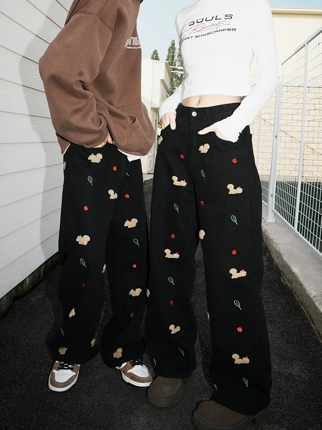 美式+調皮小狗街頭風格牛仔褲-預購