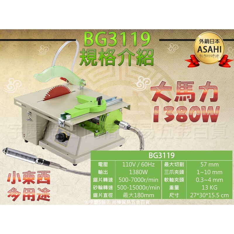 附發票｜BG3119 全配款多功能複合機｜刻模機 鑽床 吊鑽 切斷機 砂輪機 鑽石水切台