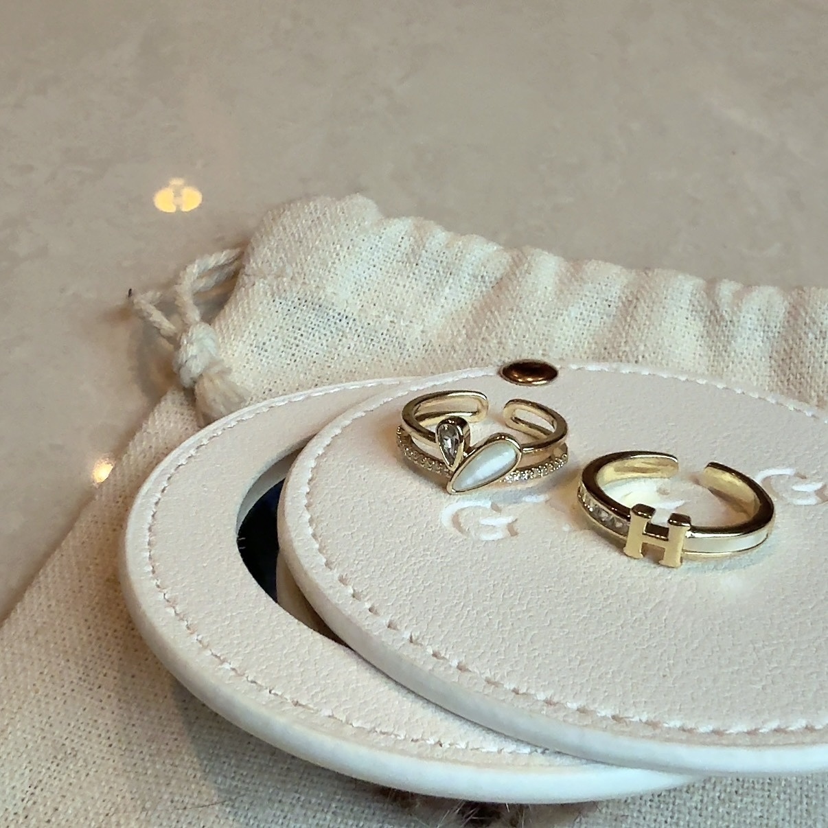 H”18k低奢英字白貝金鑽戒/貓眼白貝愛心金開口戒