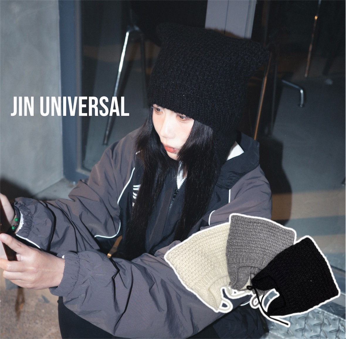 JIN UNIVERSAL🇰🇷粗針織綁帶貓耳帽
