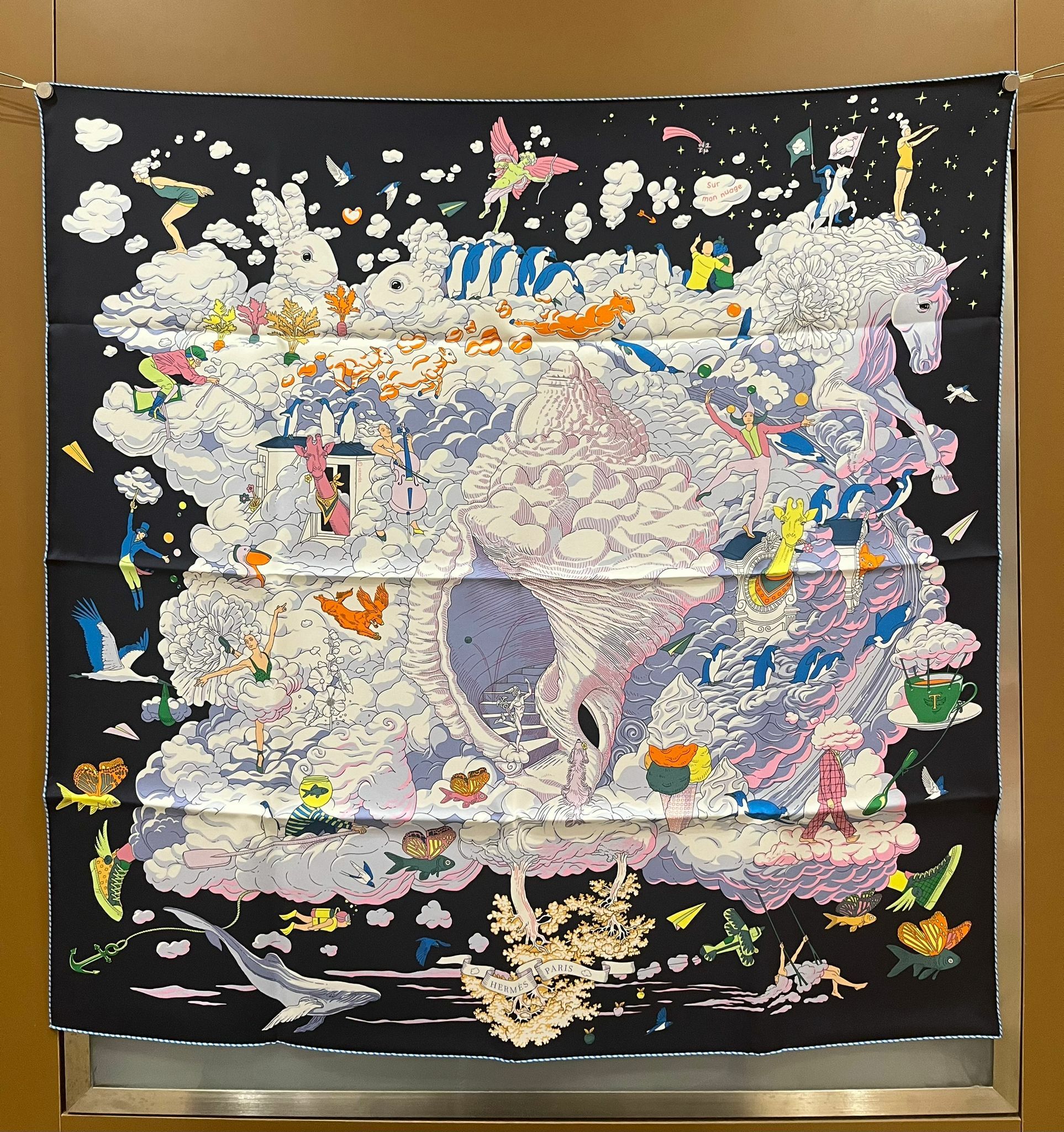 Sur mon nuage scarf 100% soie 90x90cm noir/ blanc