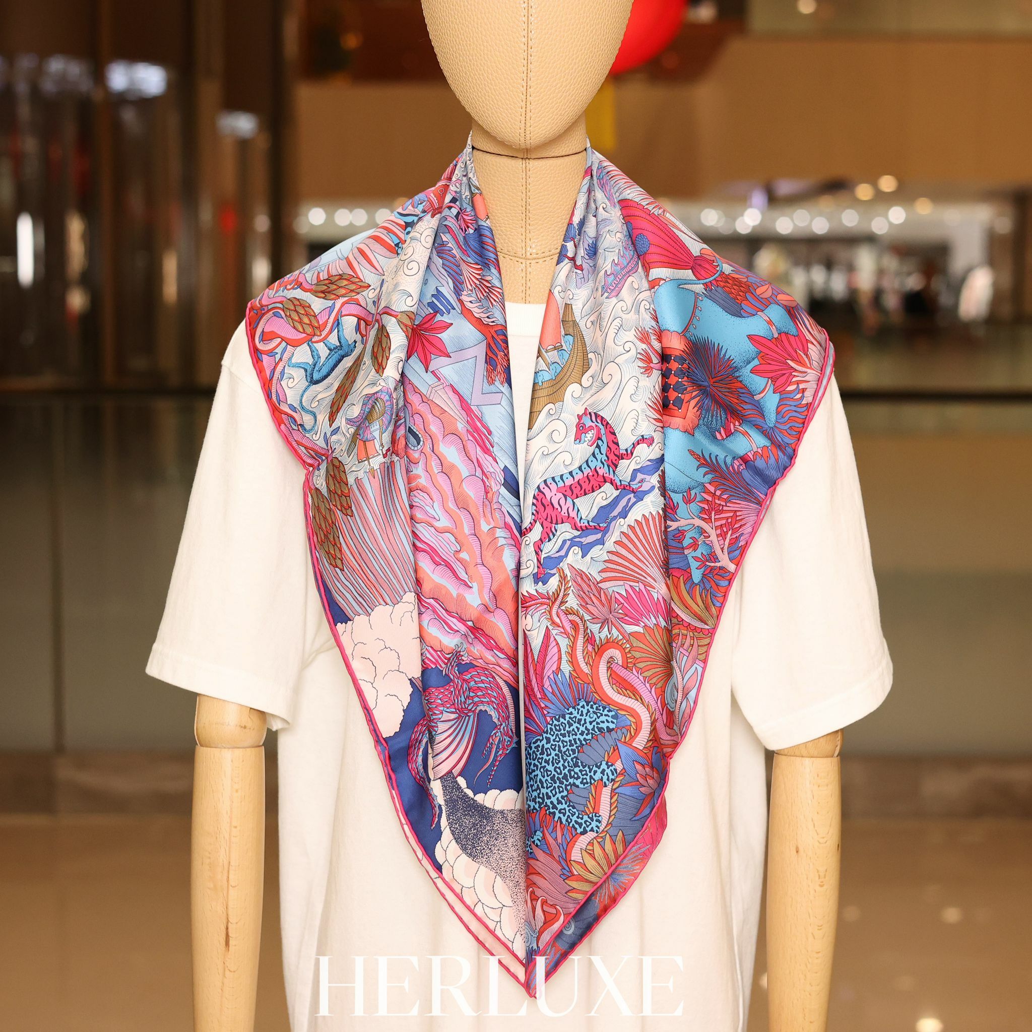 Cosmographia universalis Scarf 100% soie 90 x 90cm bleu jean/&nbsp;rose&nbsp;vif