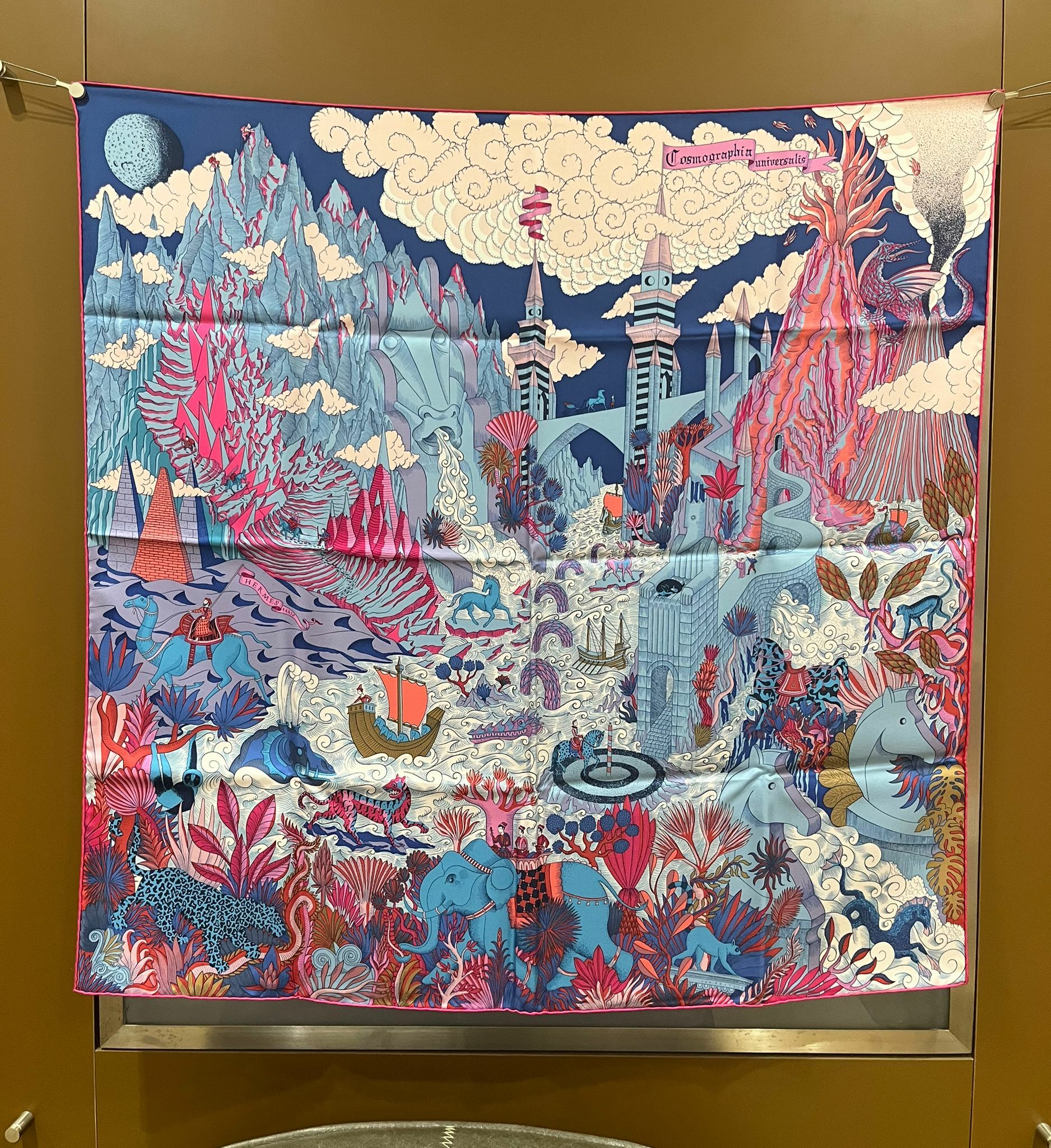 Cosmographia universalis Scarf 100% soie 90 x 90cm bleu jean/&nbsp;rose&nbsp;vif