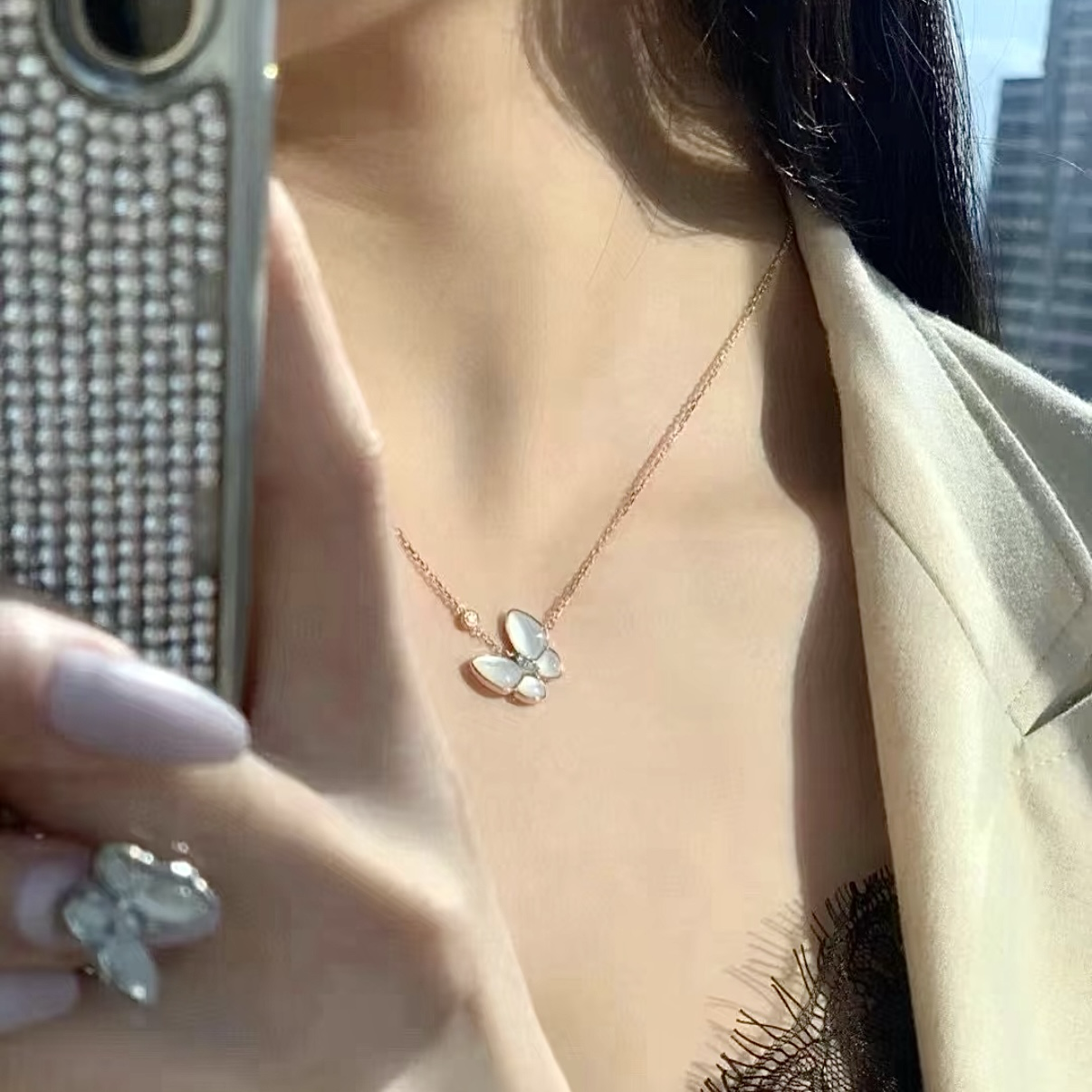 18k”va高級珍珠白母貝蝴蝶高奢定製項鍊