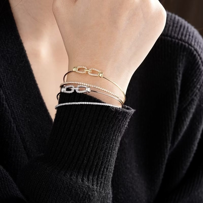 ｜低奢華”雙馬蹄釦鑲鑽細框/雙層開口手鐲