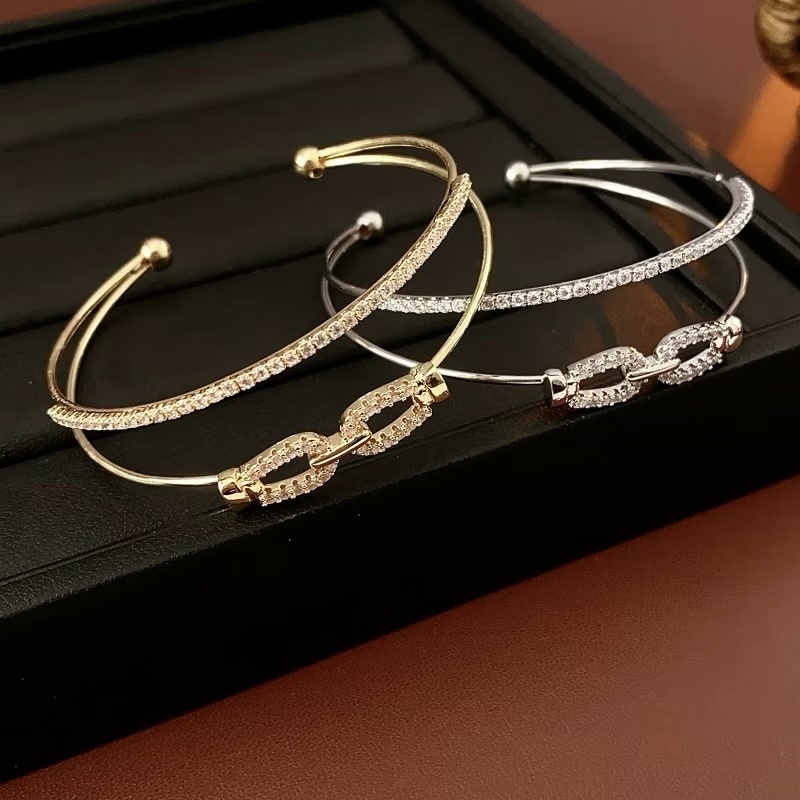 ｜低奢華”雙馬蹄釦鑲鑽細框/雙層開口手鐲