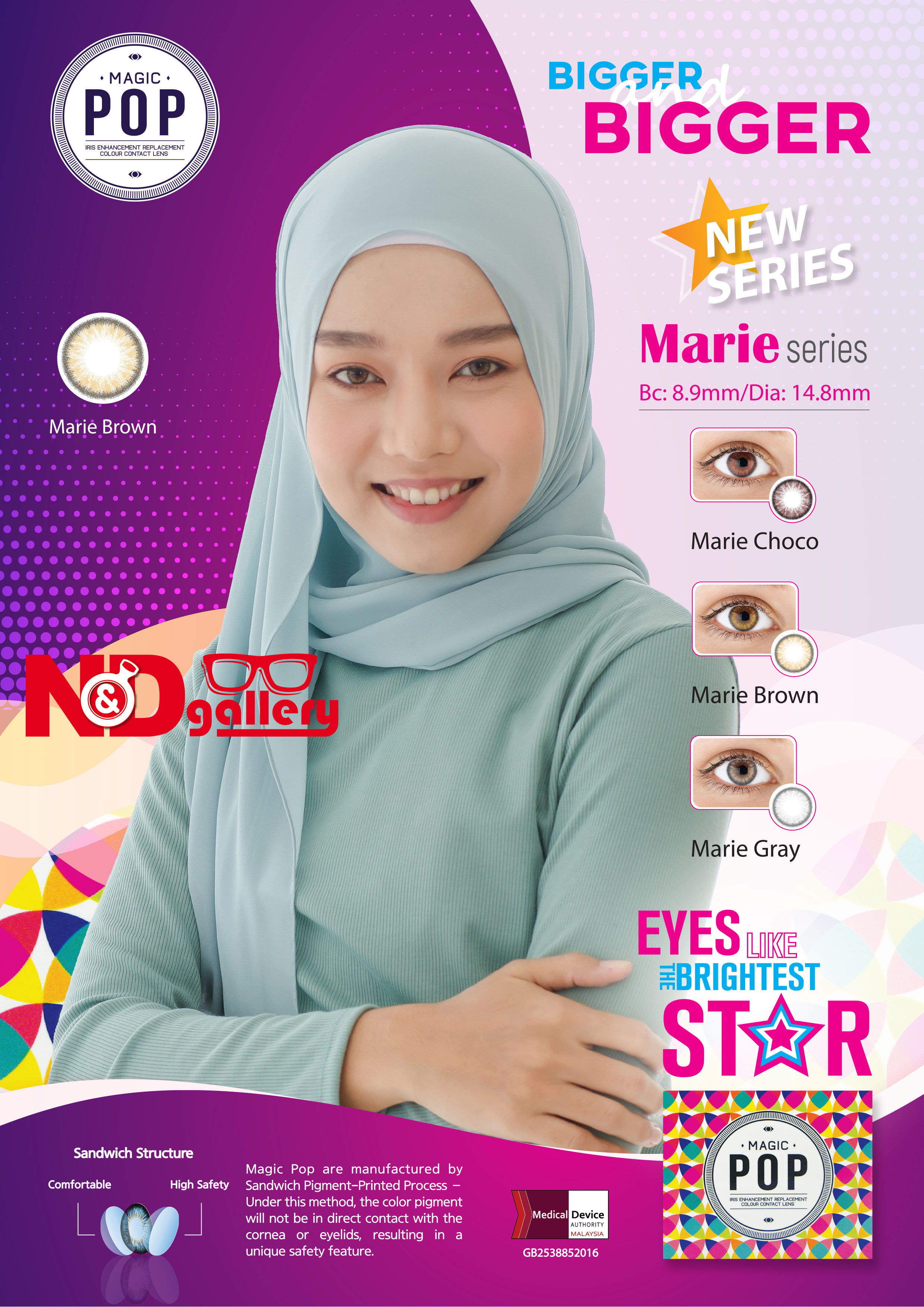 Magic POP 1 month Color Contact lens 2 pcs/Box ( Marie Series) 0.00 to -8.00DS Dia 14.8mm