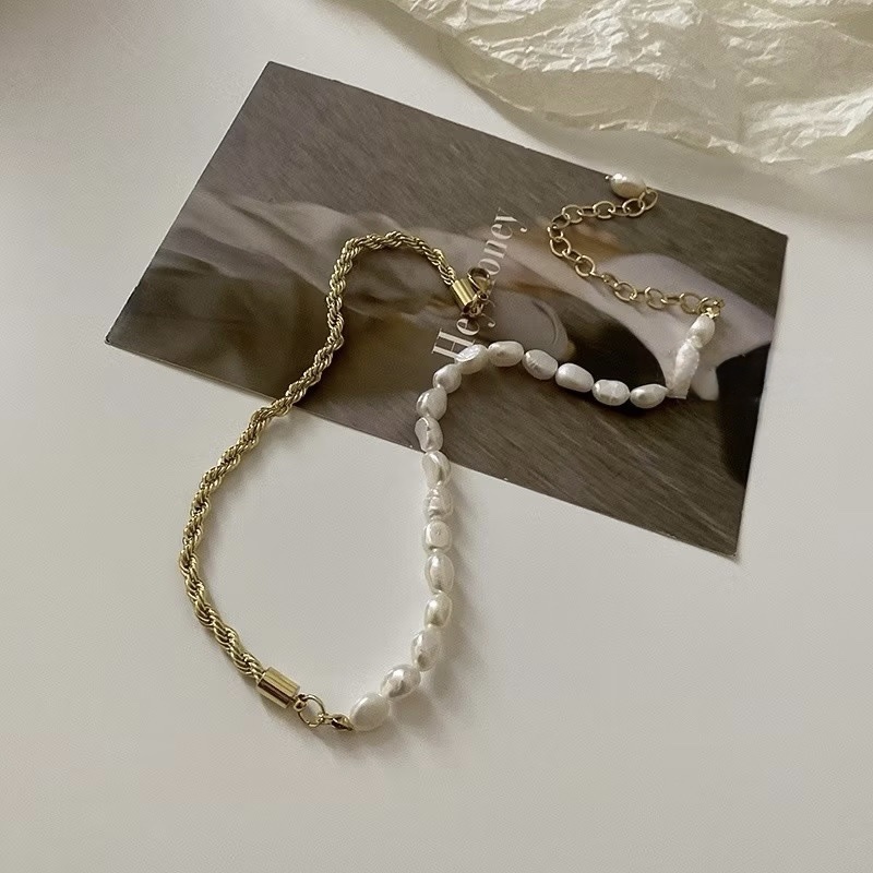 kr歐膩淡金低奢麻花拼接珍珠”優雅鎖骨鍊