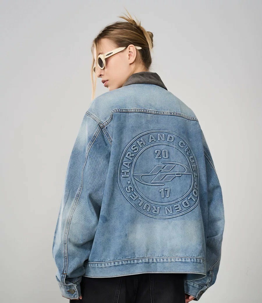 Harsh and Cruel 復古街頭感立體凹凸壓印刺繡牛仔夾克 HL233050422