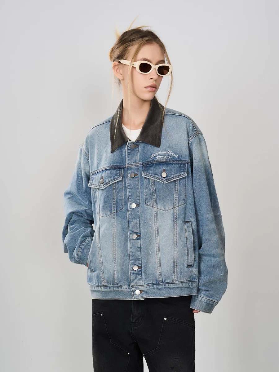 Harsh and Cruel 復古街頭感立體凹凸壓印刺繡牛仔夾克 HL233050422