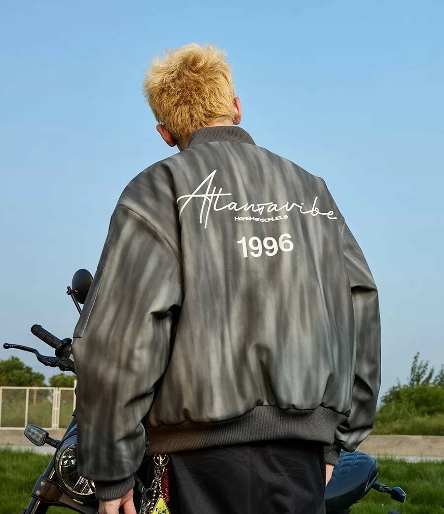 Harsh and Cruel 紮染工藝pu皮手寫文字刺繡飛行夾克 HL244040362