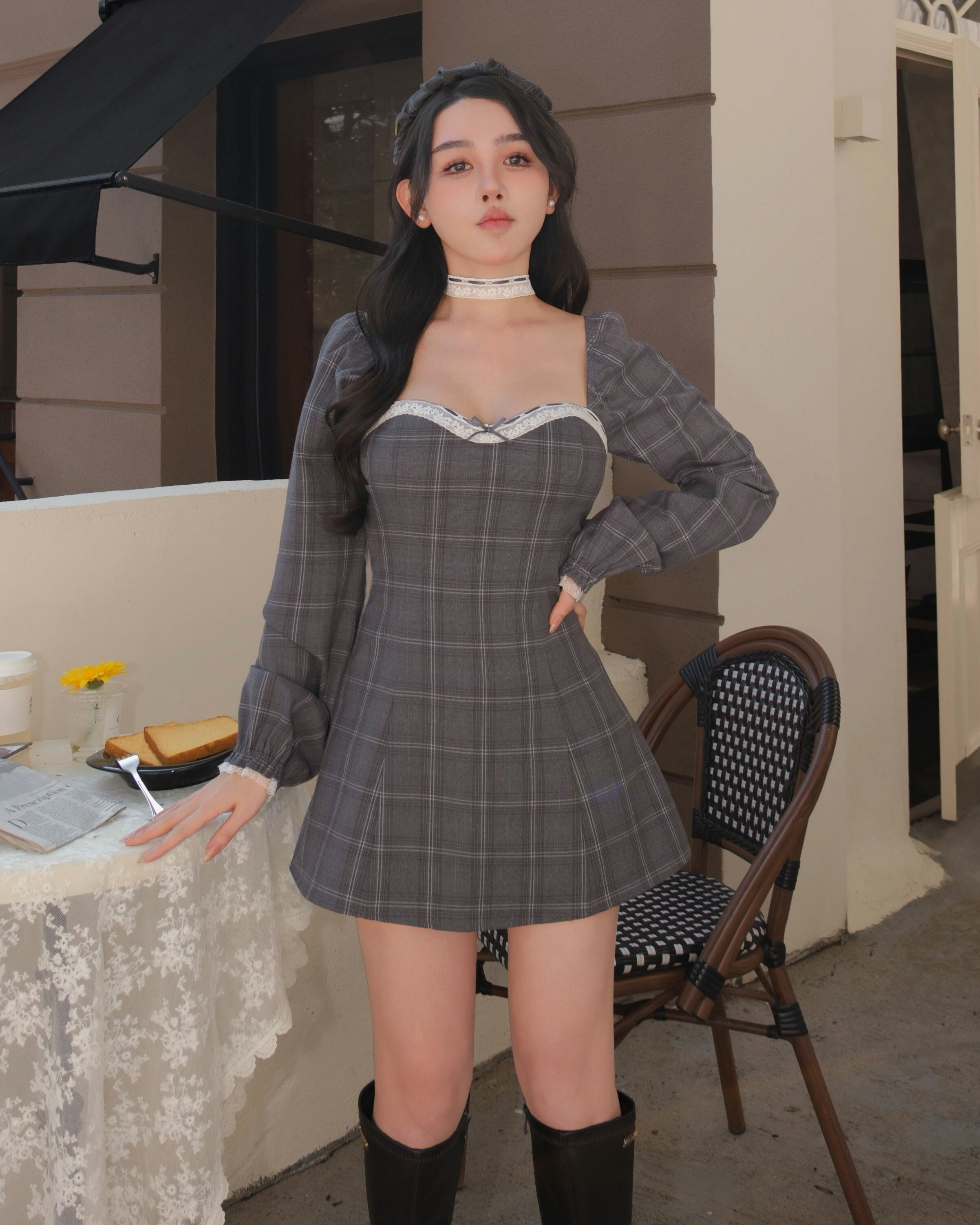 訂製-純欲格紋蕾絲桃心Ａ襬洋
