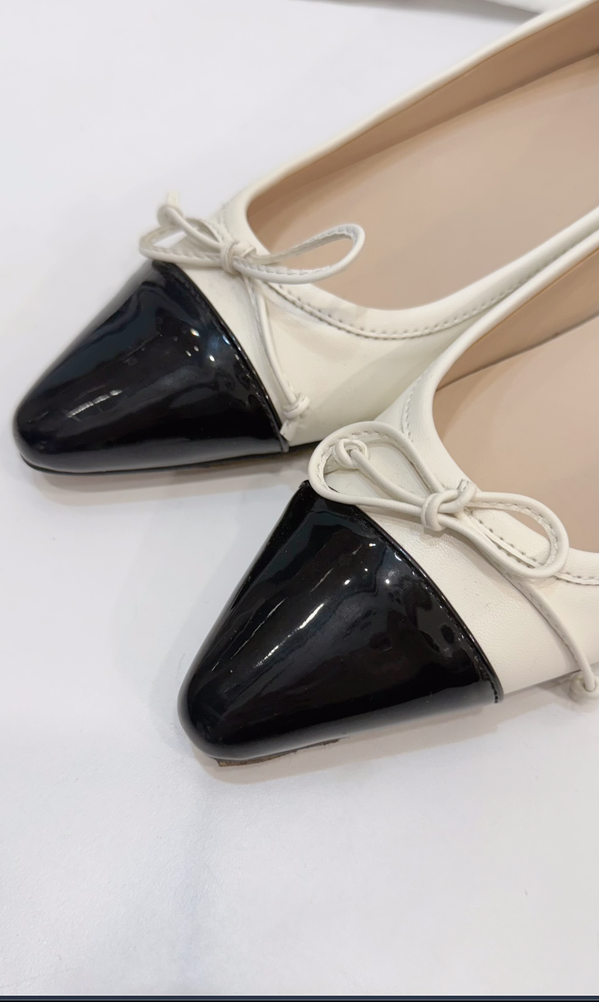 拼色尖頭蝴蝶結低跟鞋