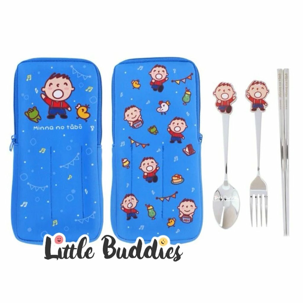 港版 Sanrio Minna No Tabo大口仔 不鏽鋼餐具連收納袋 (匙+叉+筷子)