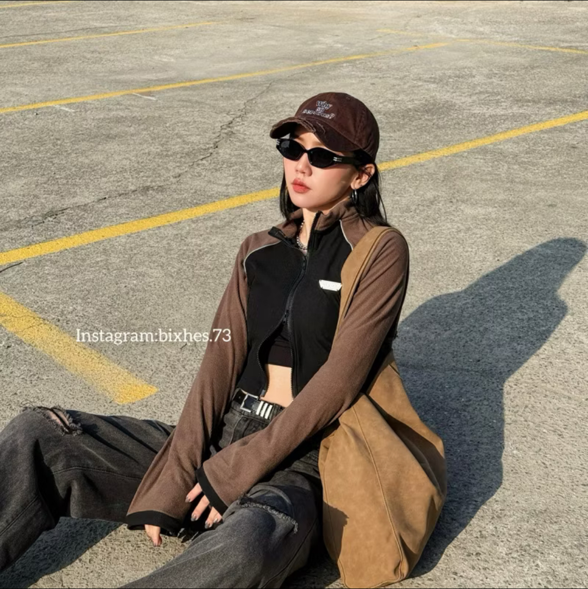 棕黑拼色雙拉鏈長T(B00119)