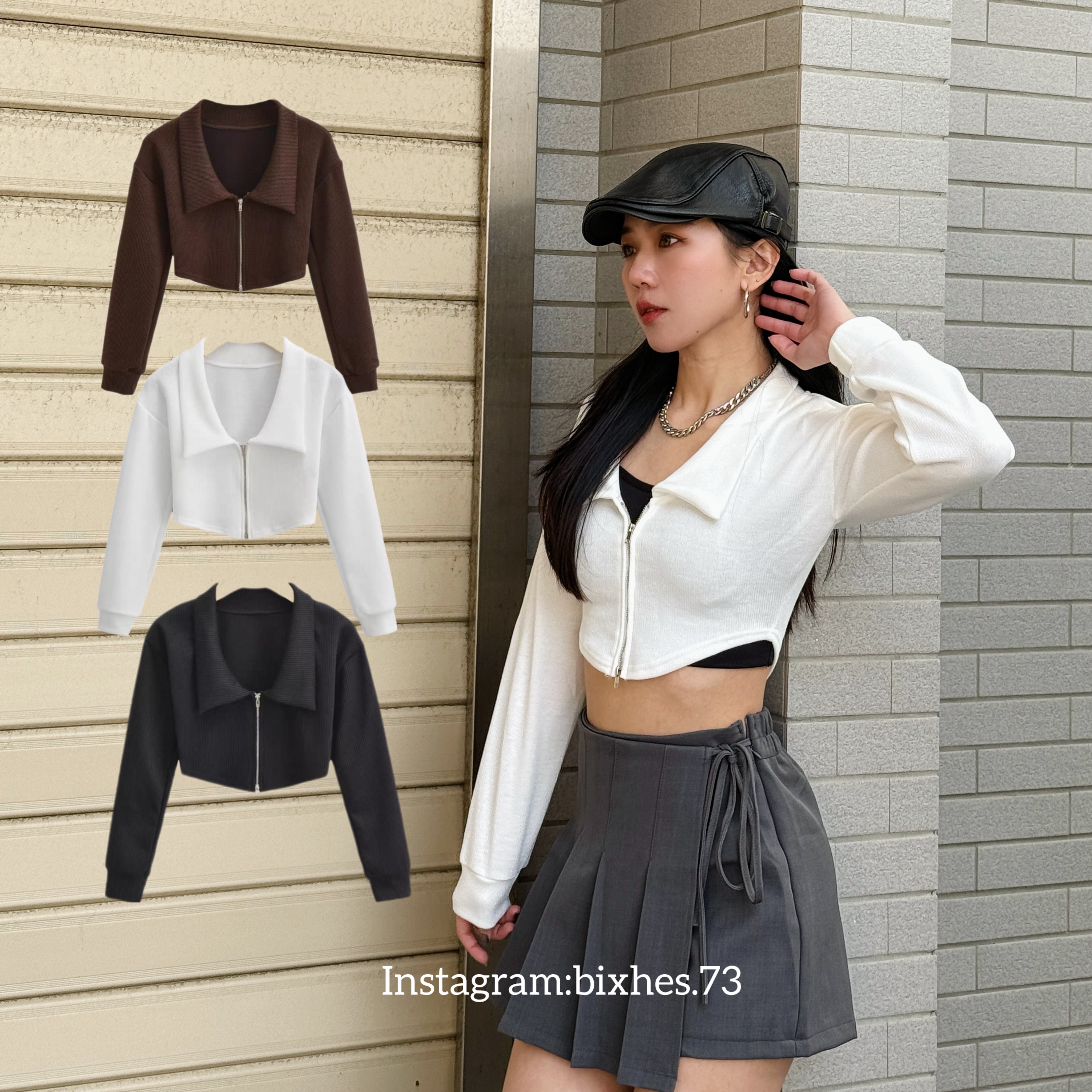 大翻領拉鍊針織長T(B00116)