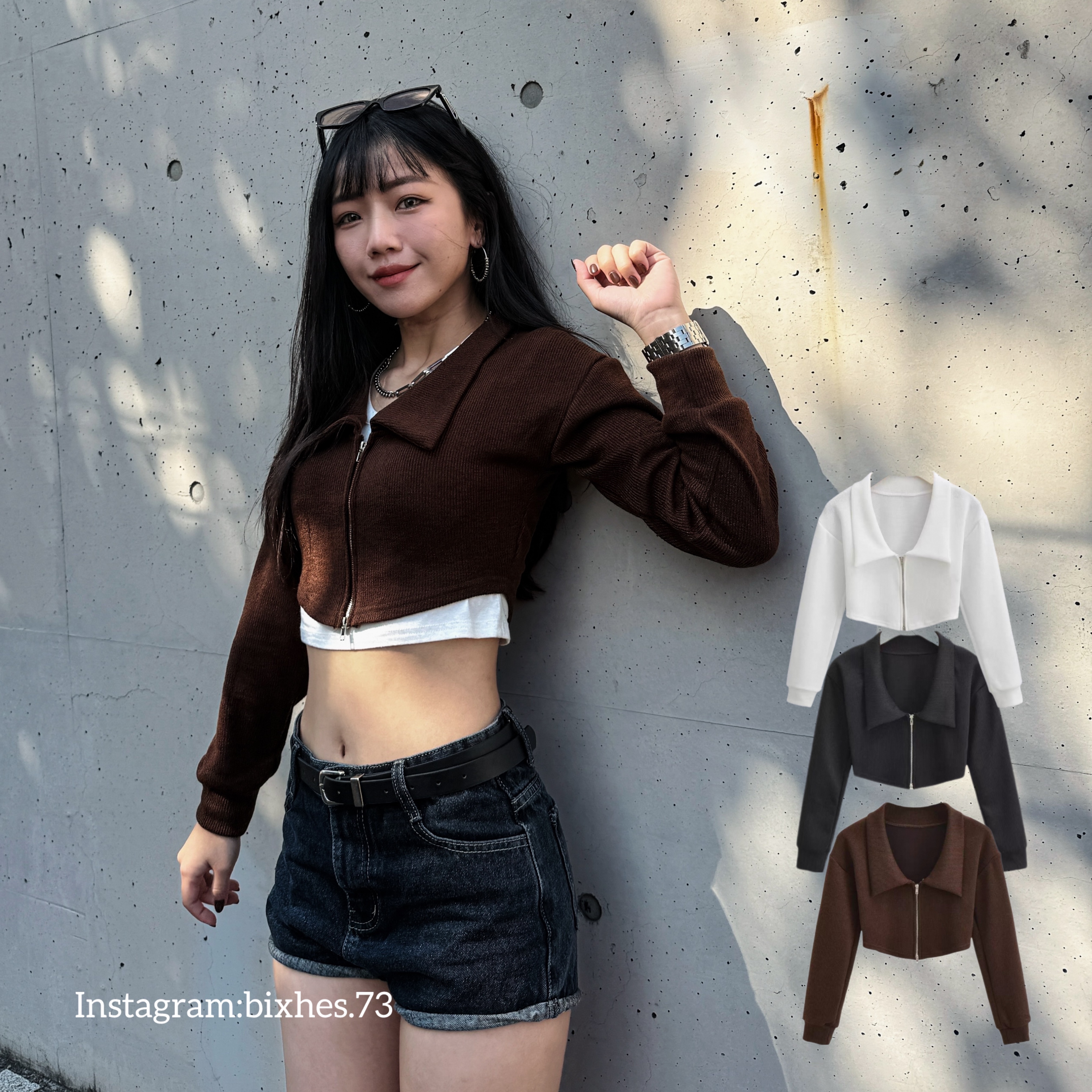 大翻領拉鍊針織長T(B00116)