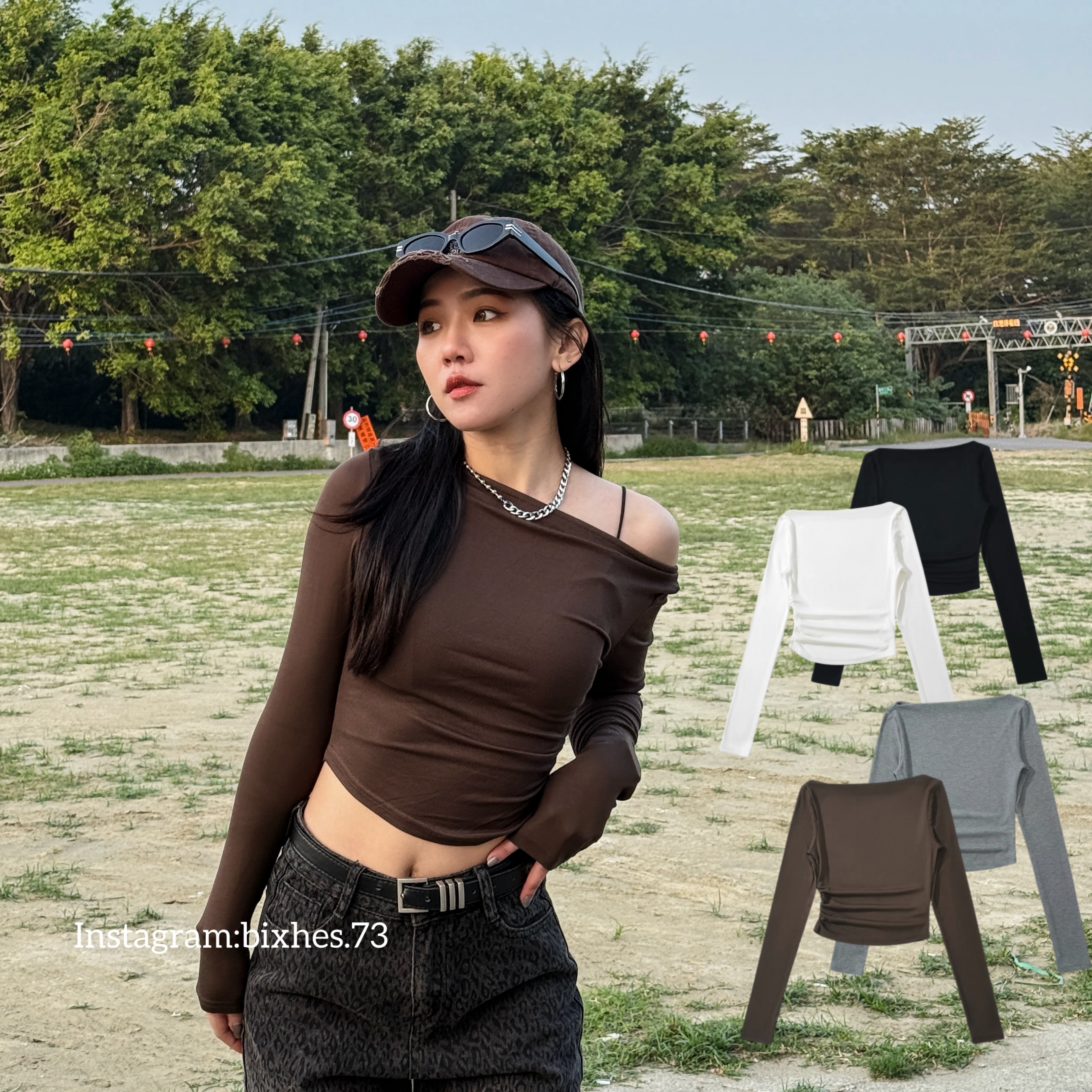 側抓皺斜肩長T(B00117)