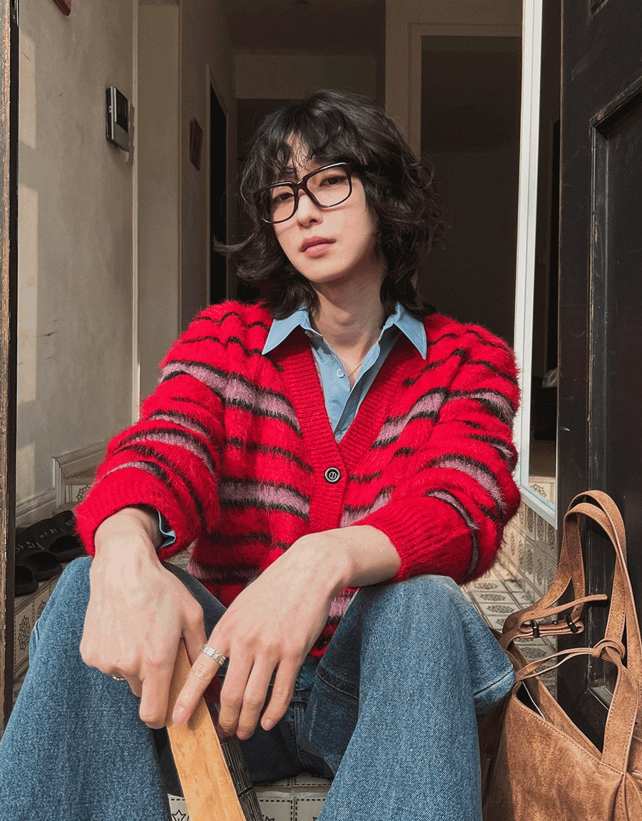 安哥拉條紋針織開襟衫