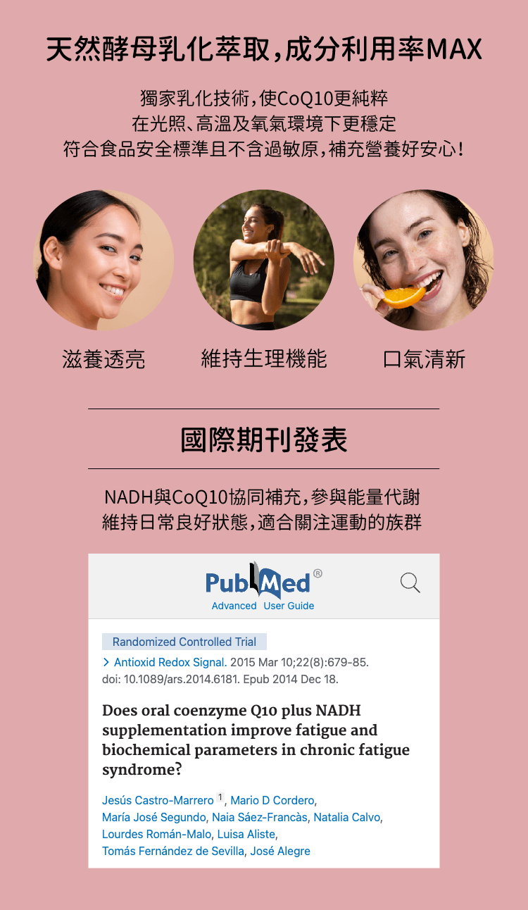 乳化型CoQ10品質穩定，且有國際期刊發表與NADH同時補充好處多多