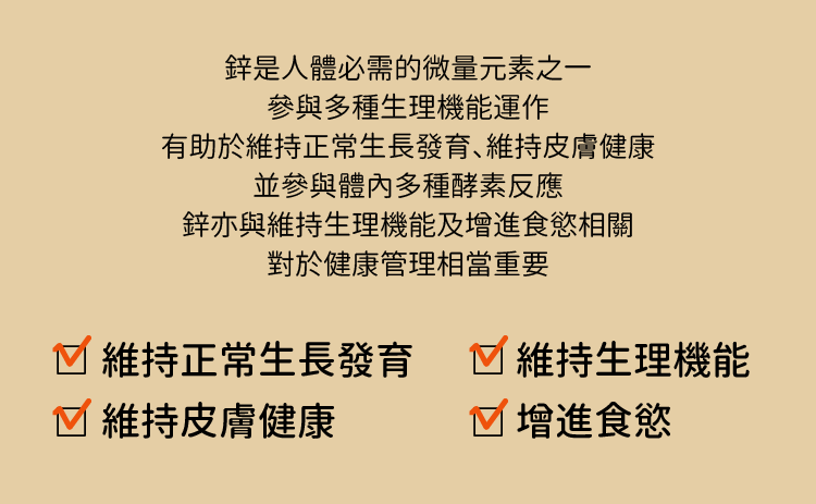 鋅可維持正常生長發育、維持生理機能、皮膚健康與增進食慾