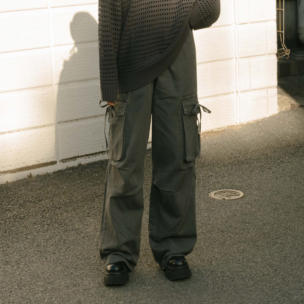Washed tie-pocket cargo trousers【04101930】in stock+pre-order